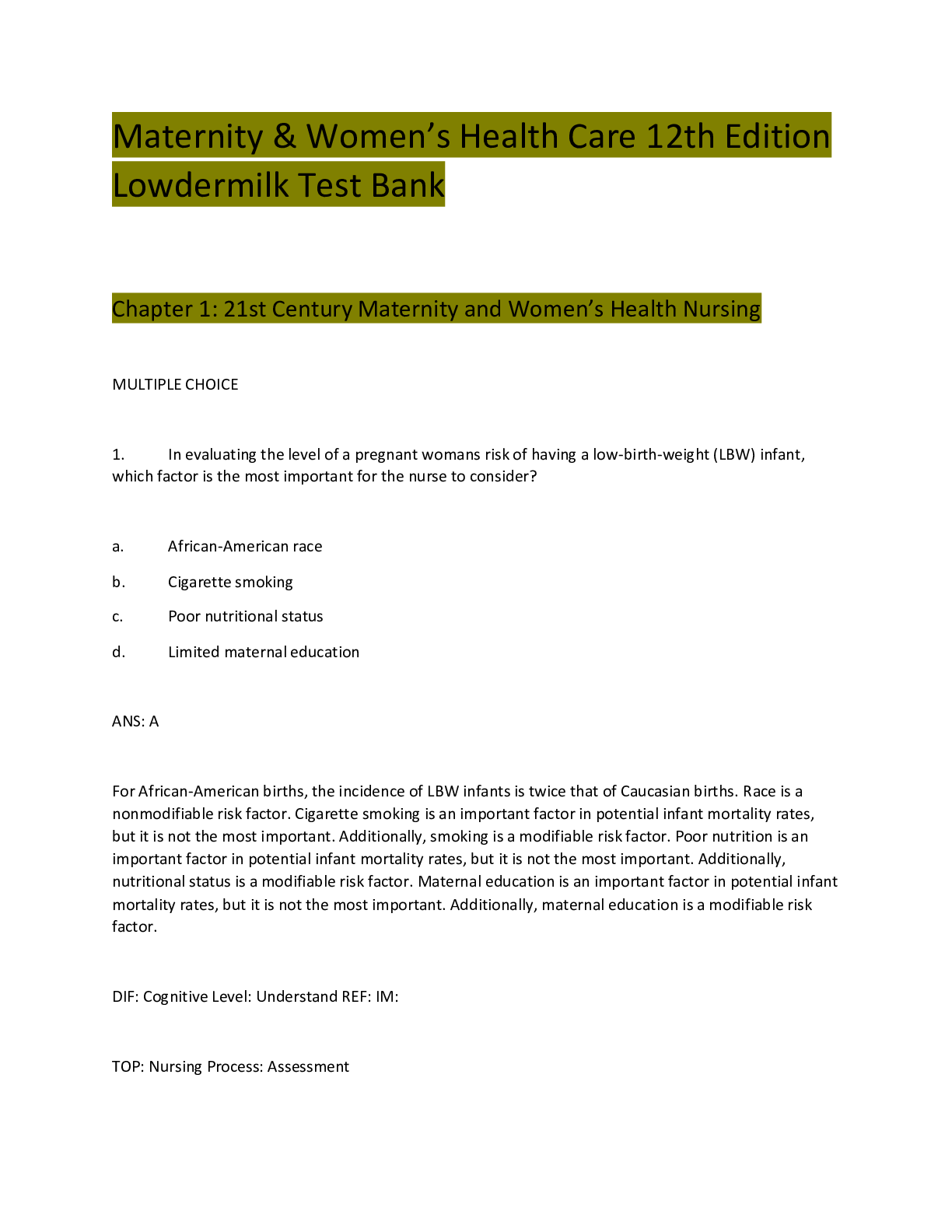 Preview image for Maternity and Womens Health Care 12th Edition Lowdermilk Test Bank (1).